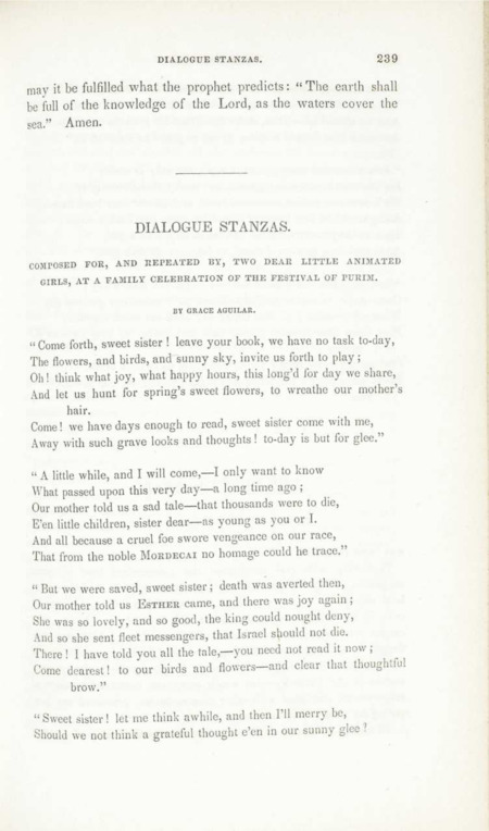 "Dialogue Stanzas: Composed for, and Repeated by, Two Dear Little Animated Girls, at a Family Celebration of the Festival of Purim"