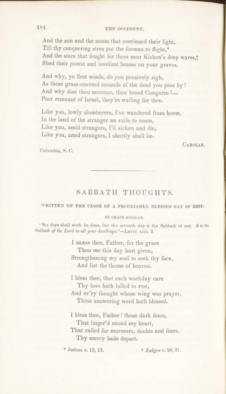 "Sabbath Thoughts Written on the Close of a Peculiarly Blessed Day of Rest"
